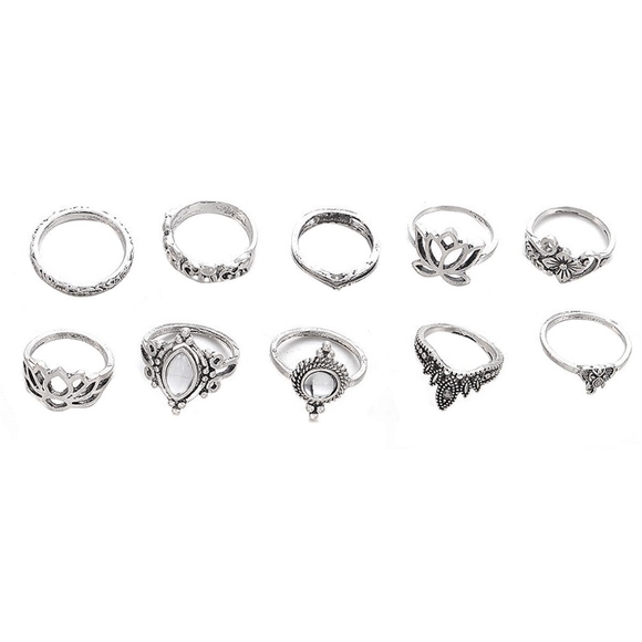 🌸10PC: SILVER MIDI KNUCKLE LOTUS RINGS BOHO OPAL - Picture 2 of 7